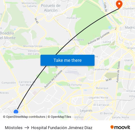 Móstoles to Hospital Fundación Jiménez Díaz map