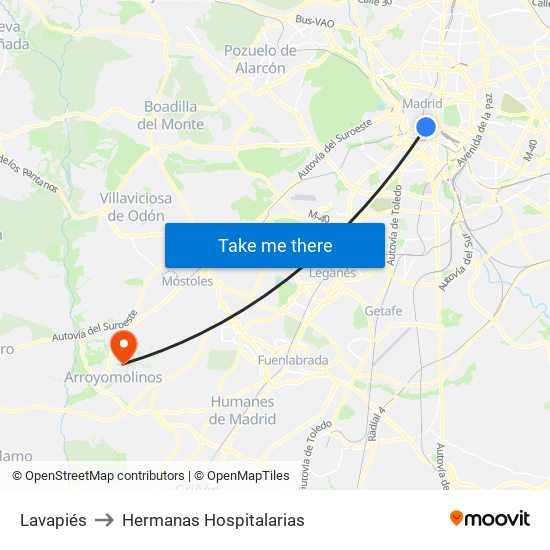 Lavapiés to Hermanas Hospitalarias map