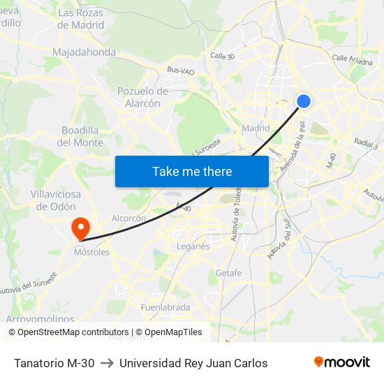 Tanatorio M-30 to Universidad Rey Juan Carlos map