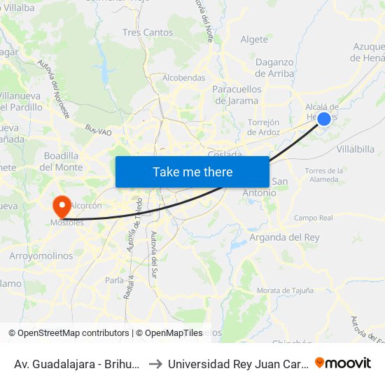 Av. Guadalajara - Brihuega to Universidad Rey Juan Carlos map