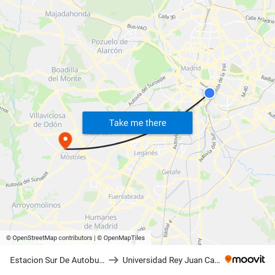 Estacion Sur De Autobuses to Universidad Rey Juan Carlos map