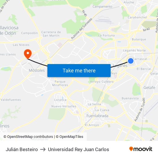 Julián Besteiro to Universidad Rey Juan Carlos map