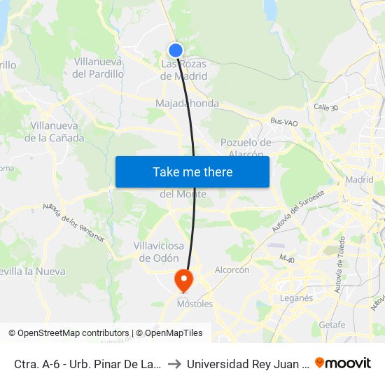Ctra. A-6 - Urb. Pinar De Las Rozas to Universidad Rey Juan Carlos map