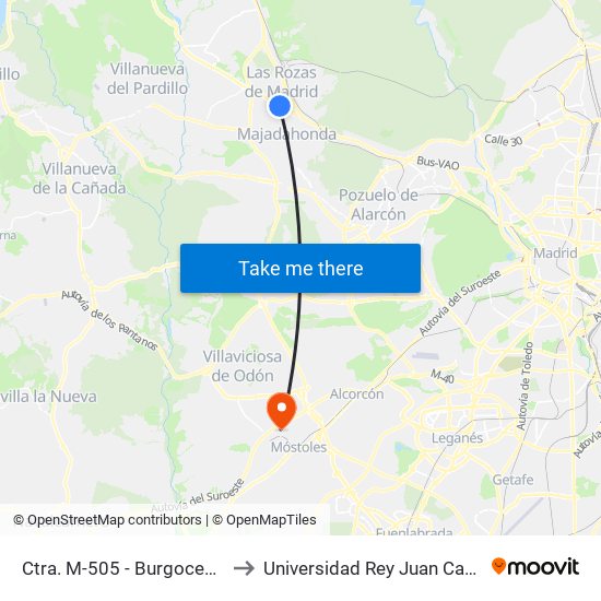 Ctra. M-505 - Burgocentro to Universidad Rey Juan Carlos map