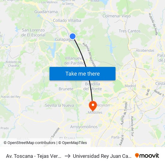 Av. Toscana - Tejas Verdes to Universidad Rey Juan Carlos map