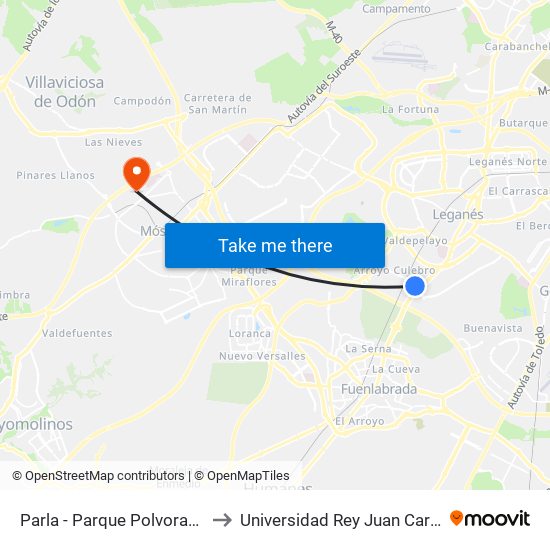 Parla - Parque Polvoranca to Universidad Rey Juan Carlos map