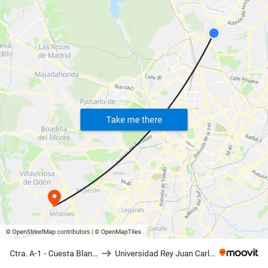 Ctra. A-1 - Cuesta Blanca to Universidad Rey Juan Carlos map