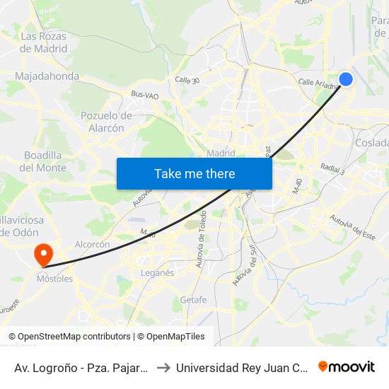 Av. Logroño - Pza. Pajarones to Universidad Rey Juan Carlos map
