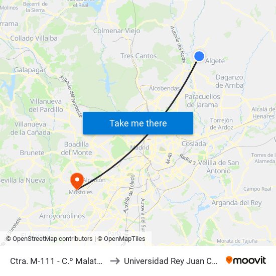 Ctra. M-111 - C.º Malatones to Universidad Rey Juan Carlos map