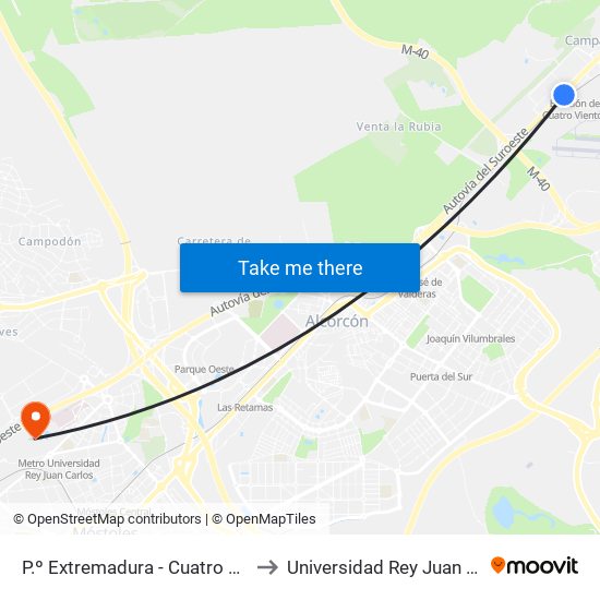 P.º Extremadura - Cuatro Vientos to Universidad Rey Juan Carlos map