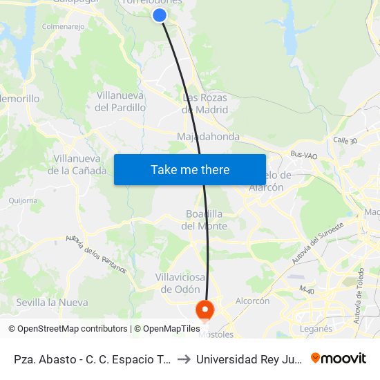 Pza. Abasto - C. C. Espacio Torrelodones to Universidad Rey Juan Carlos map