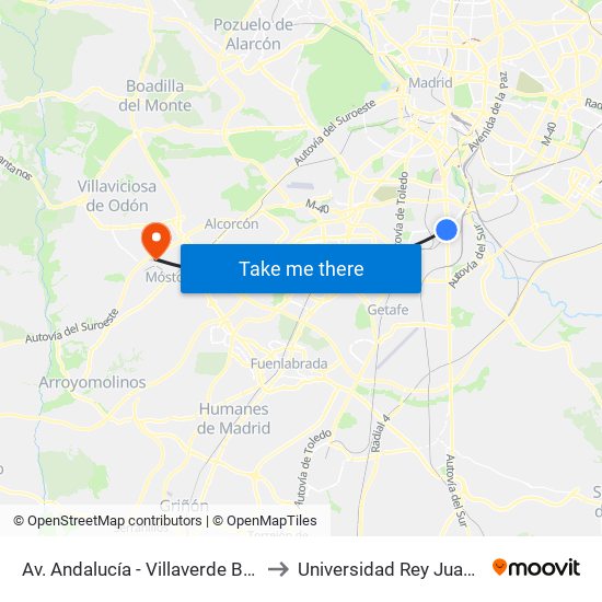 Av. Andalucía - Villaverde Bajo Cruce to Universidad Rey Juan Carlos map