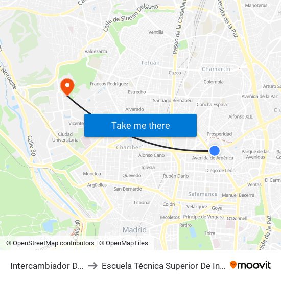 Intercambiador De Avenida De América to Escuela Técnica Superior De Ingenieros De Telecomunicación Upm map