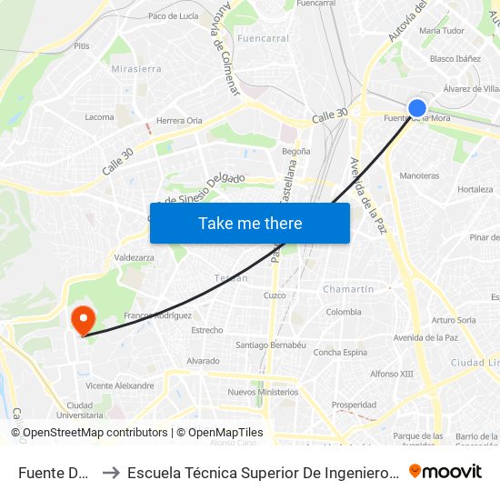 Fuente De La Mora to Escuela Técnica Superior De Ingenieros De Telecomunicación Upm map