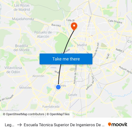 Leganés to Escuela Técnica Superior De Ingenieros De Telecomunicación Upm map