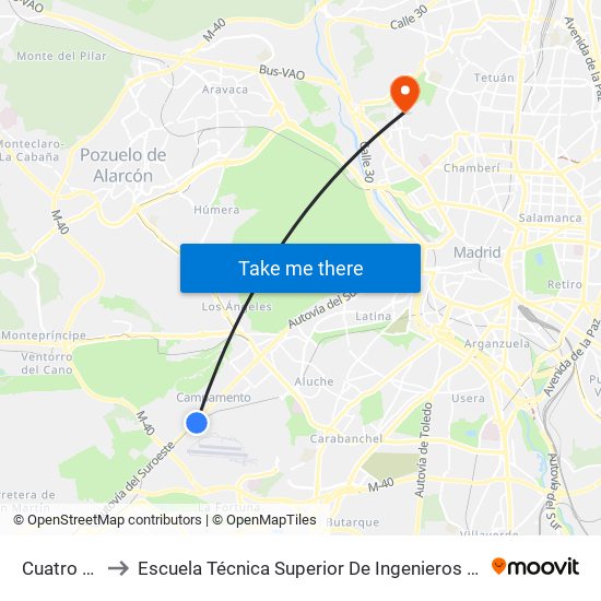 Cuatro Vientos to Escuela Técnica Superior De Ingenieros De Telecomunicación Upm map