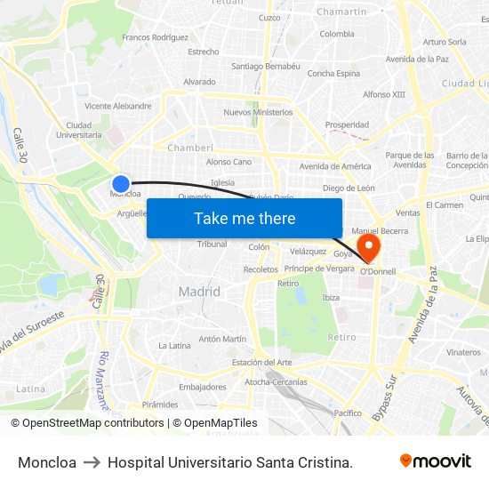 Moncloa to Hospital Universitario Santa Cristina. map