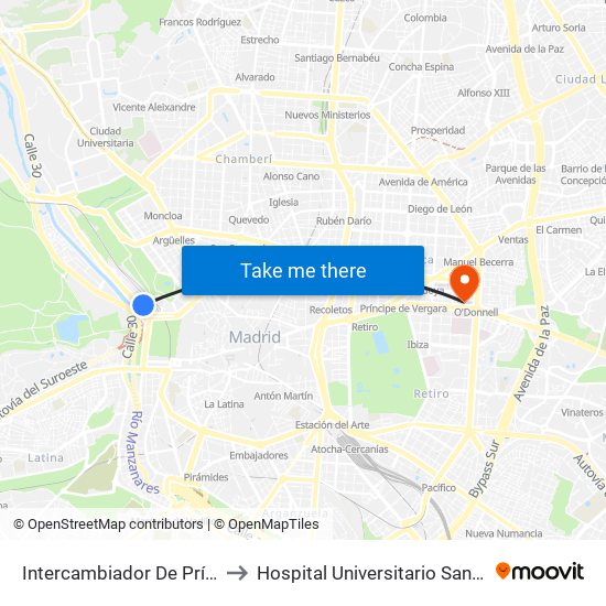 Intercambiador De Príncipe Pío to Hospital Universitario Santa Cristina. map