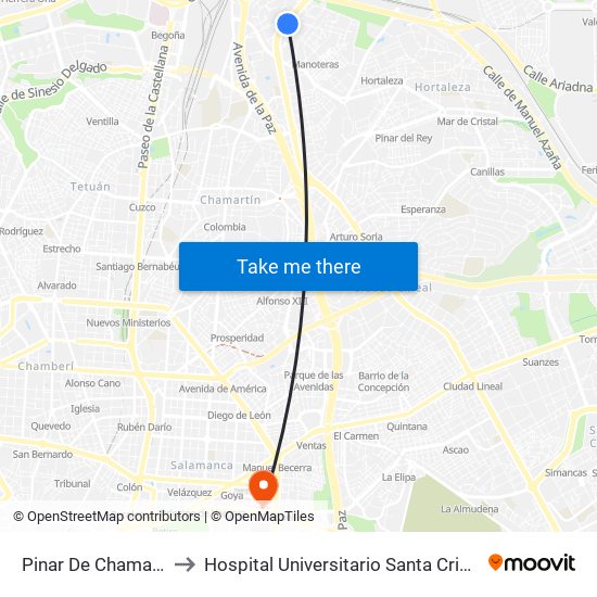Pinar De Chamartín to Hospital Universitario Santa Cristina. map
