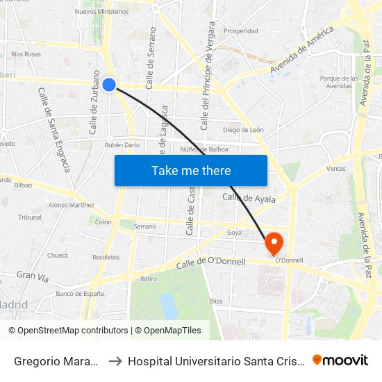 Gregorio Marañón to Hospital Universitario Santa Cristina. map