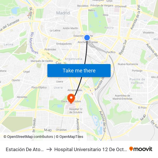 Estación De Atocha to Hospital Universitario 12 De Octubre. map