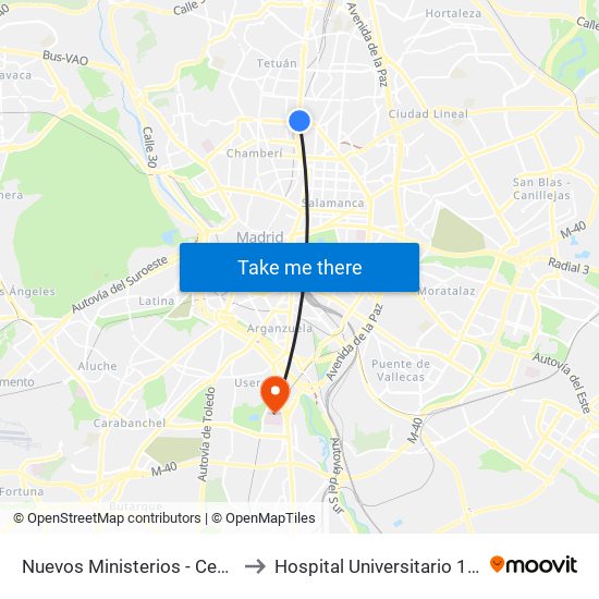 Nuevos Ministerios - Centro Comercial to Hospital Universitario 12 De Octubre. map