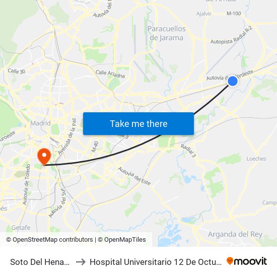 Soto Del Henares to Hospital Universitario 12 De Octubre. map