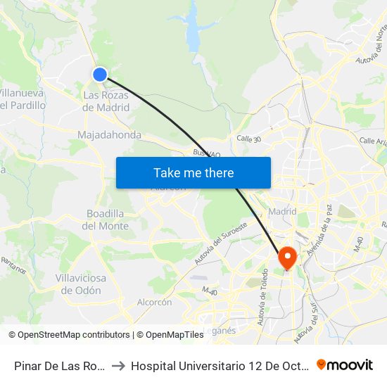 Pinar De Las Rozas to Hospital Universitario 12 De Octubre. map