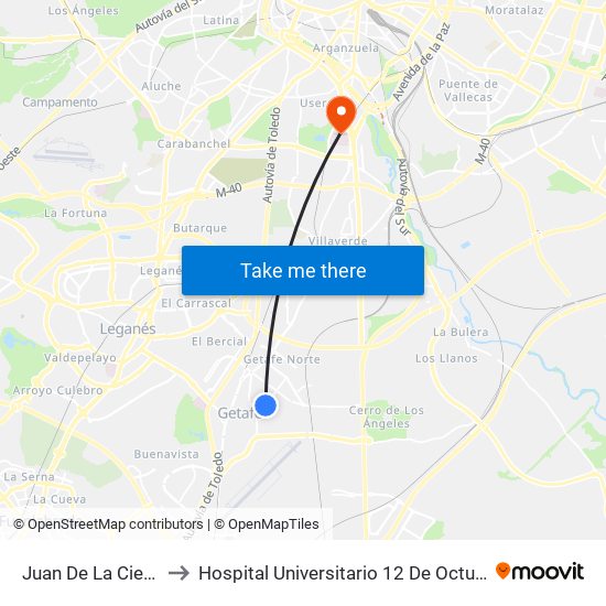 Juan De La Cierva to Hospital Universitario 12 De Octubre. map