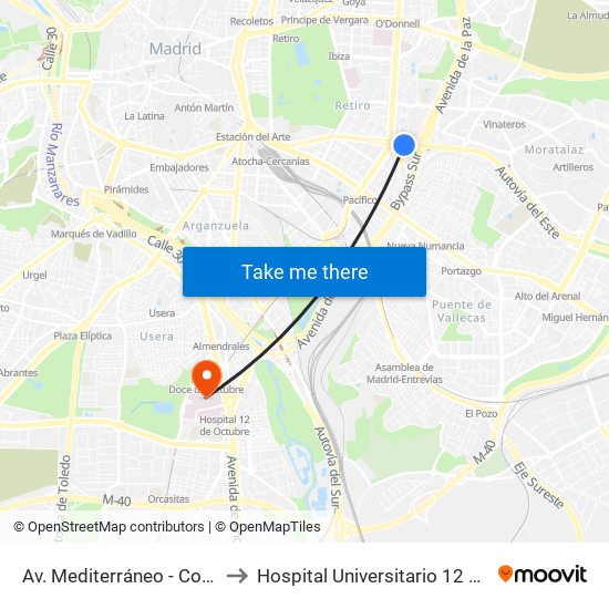 Av. Mediterráneo - Conde Casal to Hospital Universitario 12 De Octubre. map