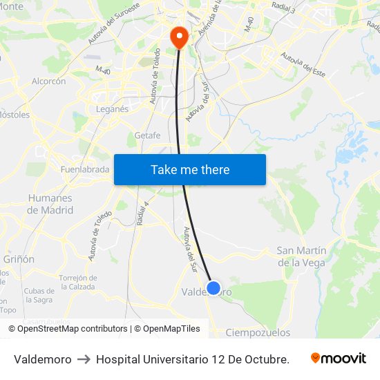 Valdemoro to Hospital Universitario 12 De Octubre. map