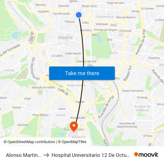 Alonso Martínez to Hospital Universitario 12 De Octubre. map