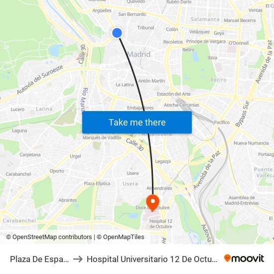 Plaza De España to Hospital Universitario 12 De Octubre. map