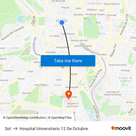 Sol to Hospital Universitario 12 De Octubre. map