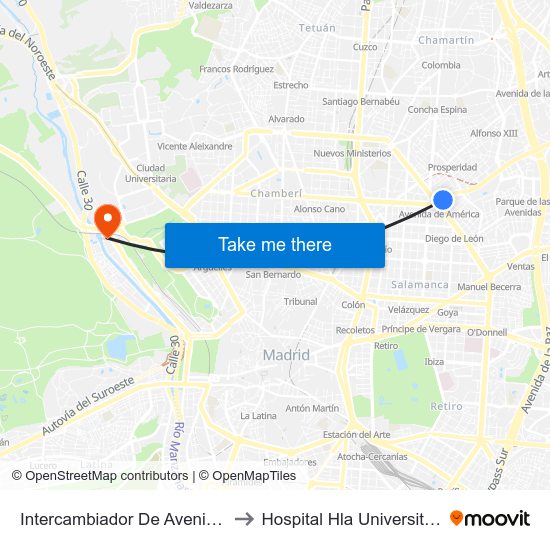 Intercambiador De Avenida De América to Hospital Hla Universitario Moncloa map