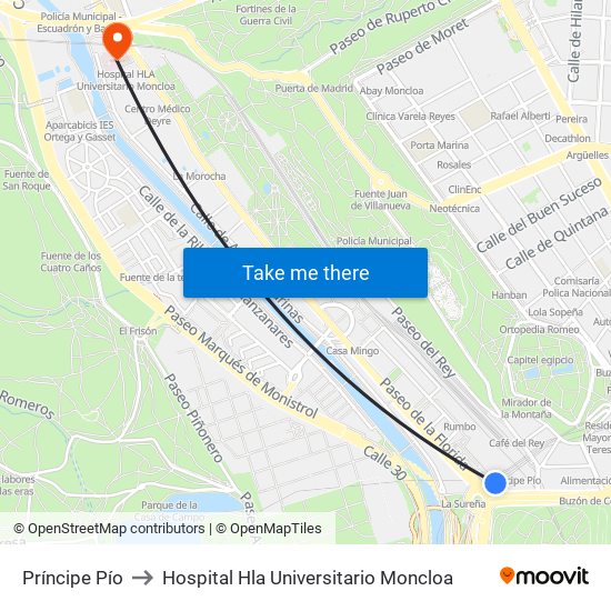 Príncipe Pío to Hospital Hla Universitario Moncloa map