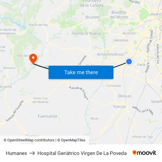 Humanes to Hospital Geriátrico Virgen De La Poveda map