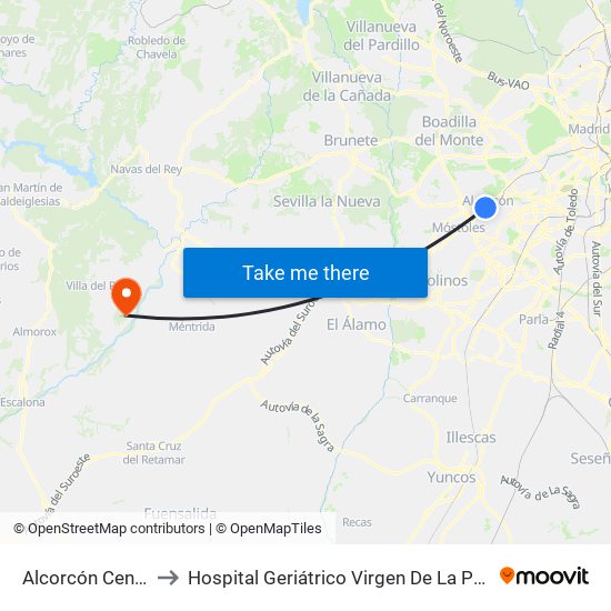 Alcorcón Central to Hospital Geriátrico Virgen De La Poveda map