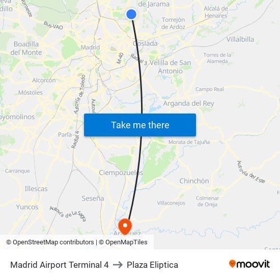 Madrid Airport Terminal 4 to Plaza Eliptica map