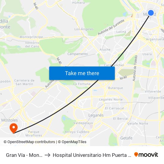 Gran Vía - Montera to Hospital Universitario Hm Puerta Del Sur map