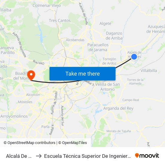Alcalá De Henares to Escuela Técnica Superior De Ingenieros Informáticos Upm map