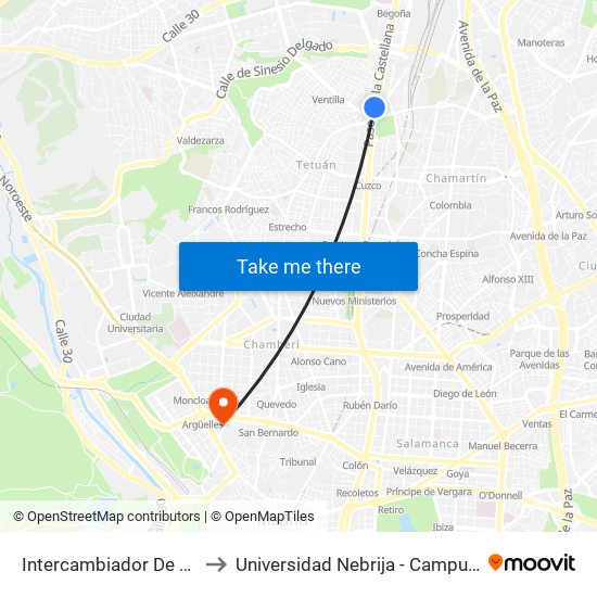 Intercambiador De Plaza De Castilla to Universidad Nebrija - Campus De Madrid-Princesa map