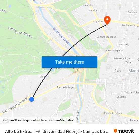 Alto De Extremadura to Universidad Nebrija - Campus De Madrid-Princesa map
