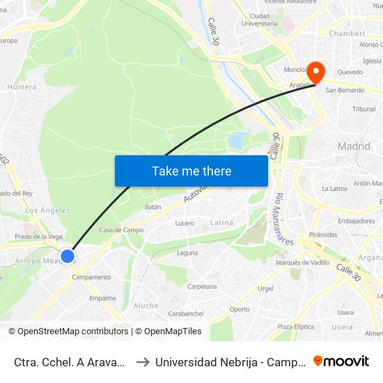 Ctra. Cchel. A Aravaca - Colonia Jardín to Universidad Nebrija - Campus De Madrid-Princesa map