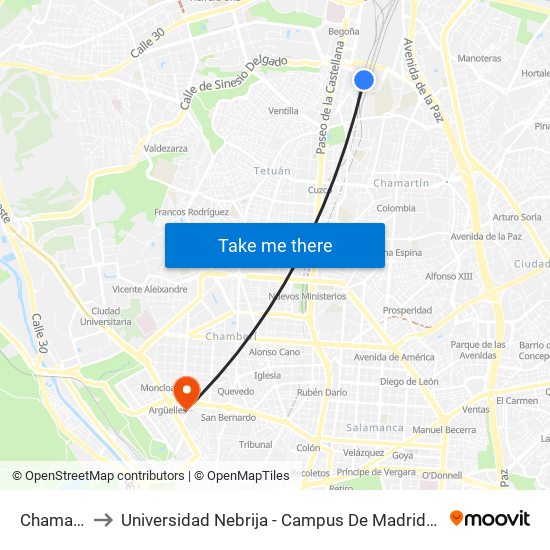 Chamartín to Universidad Nebrija - Campus De Madrid-Princesa map