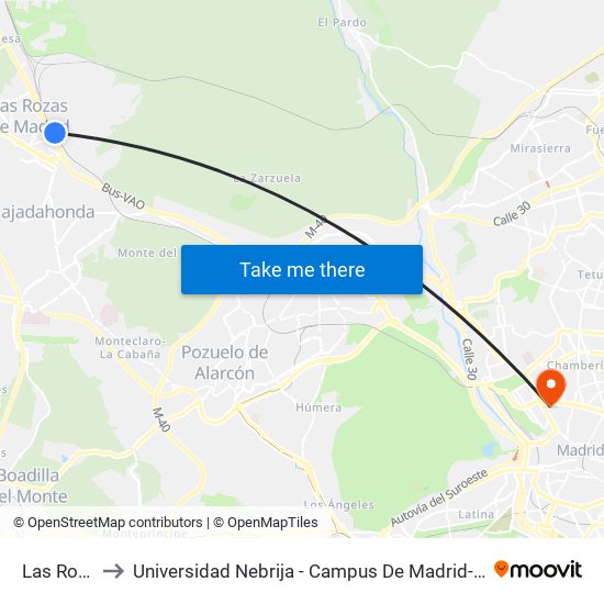 Las Rozas to Universidad Nebrija - Campus De Madrid-Princesa map