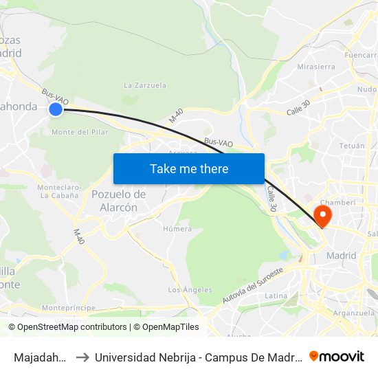 Majadahonda to Universidad Nebrija - Campus De Madrid-Princesa map