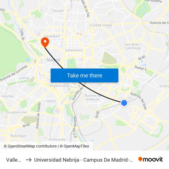 Vallecas to Universidad Nebrija - Campus De Madrid-Princesa map