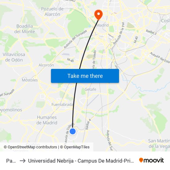 Parla to Universidad Nebrija - Campus De Madrid-Princesa map