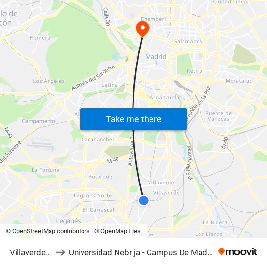 Villaverde Alto to Universidad Nebrija - Campus De Madrid-Princesa map